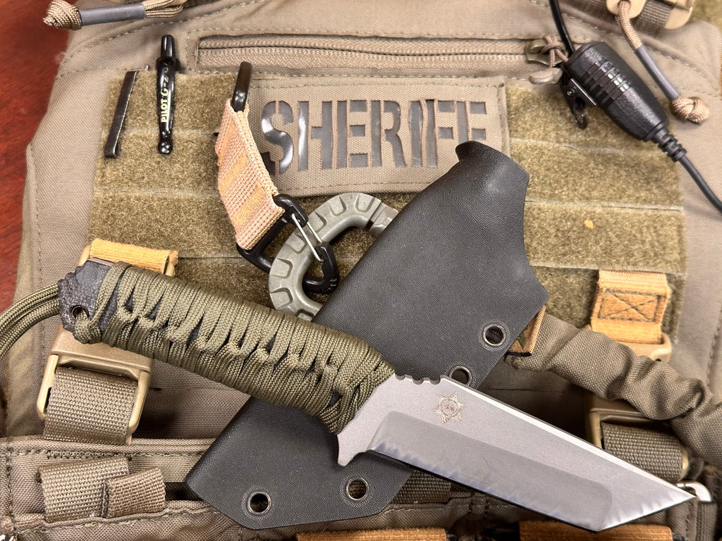 Mononofu tanto tactical knife with custom Kydex sheath on law enforcement duty belt
